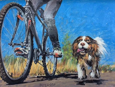 Rolling and Running by D. Anderson - 22x16 original size - Painting of dog running next to human riding a bike