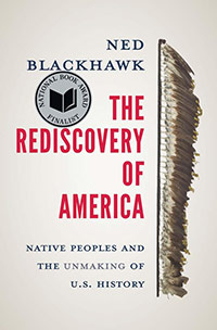 'The Rediscovery of America' book cover image of tribal feather staff with title text