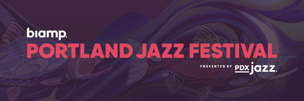 Biamp Portland Jazz Festival image with faint Native American art background of salmon and patterns (purple, blue, burgundy colors)