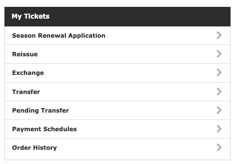 website menu with "My Tickets" at top followed by menu options including "order history" as seventh option down 