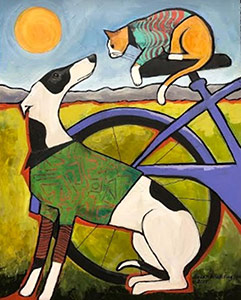 Road Trip (painting) by S. Waddington - 16x20 original size - Cat sitting on a bike seat looking down at a dog
