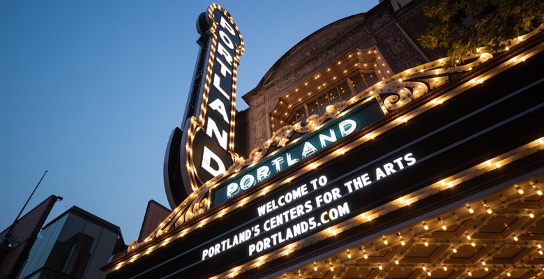 Photo of Arlene Schnitzer Concert Hall marquee at dusk