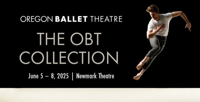 Photo of a male dancer in mid-air above an empty stage + title text