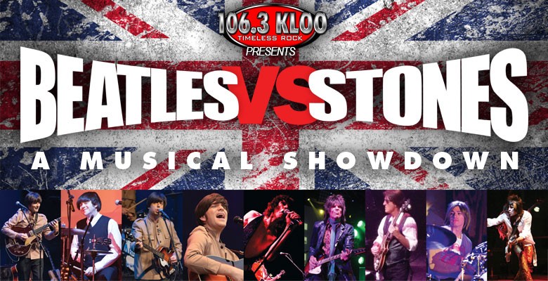 Image of British flag with Beatles vs Stones in text and photos of the bands