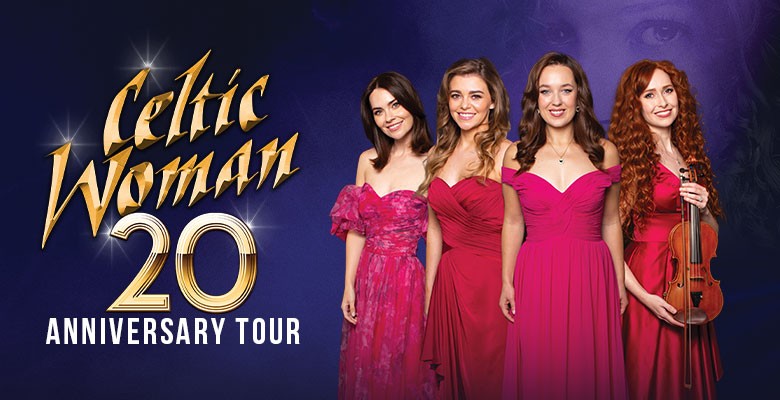 Photo of five women of Celtic Women in red gowns with gold, stylized text: Celtic Women 20th Anniversary 