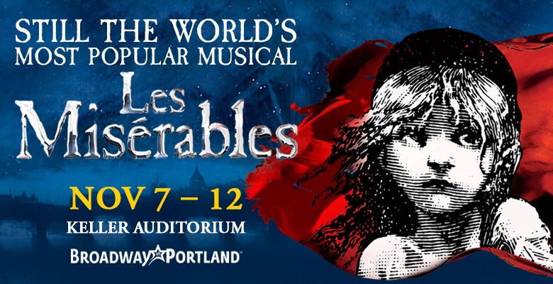 Les Misérables title art of sad-looking girl with text