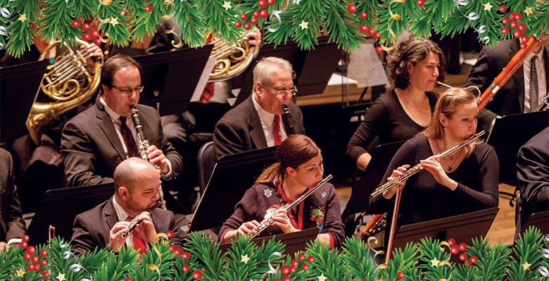 Photo of Oregon Symphony orchestra musicians performing with holiday wreath border