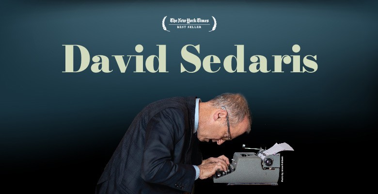 Photo of David Sedaris hunched over a typewriter typing with name in text at top