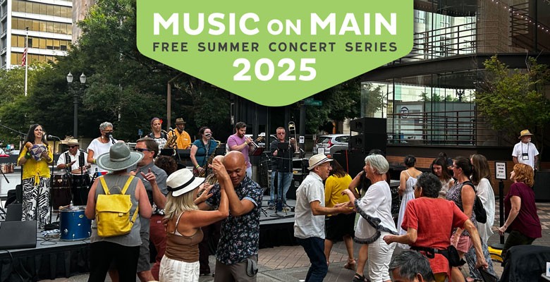 Photo of audience dancing in front of band on stage at Music on Main with Music on Main logo overlay