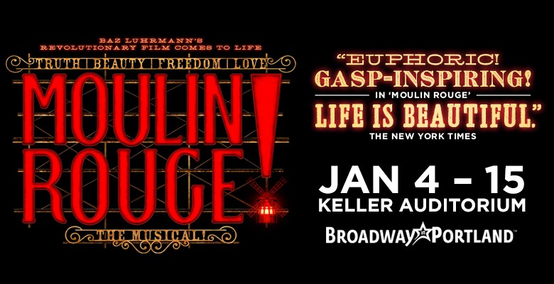 Moulin Rouge! The Musical title art and show info with stylized text