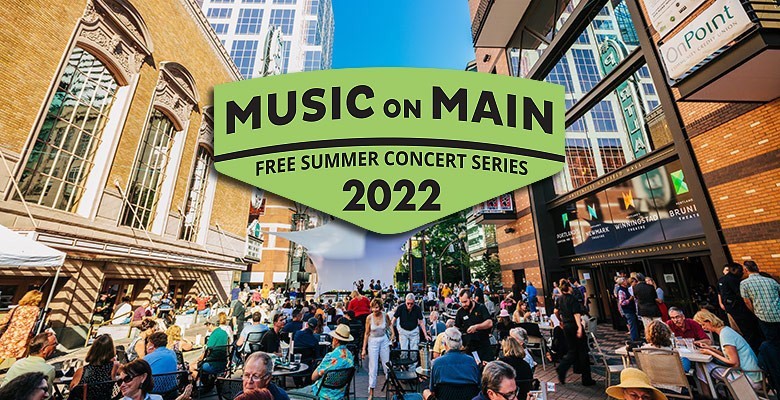 Photo of Music on Main audience and stage on Main Street with Music on Main logo