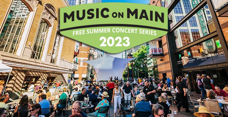 Photo of Music on Main audience and stage on Main Street with Music on Main logo