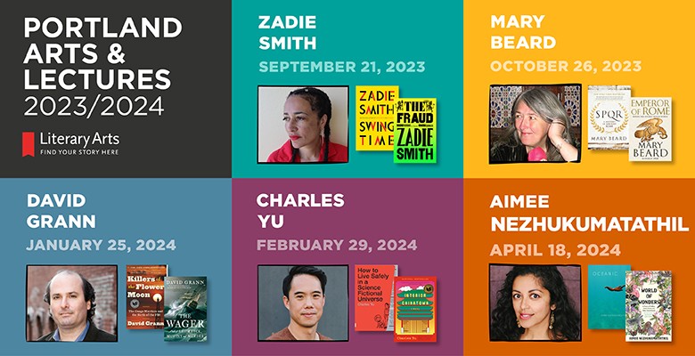 Portland Arts & Lectures 2023/24 image with speaker photos, book cover images and names, dates in text