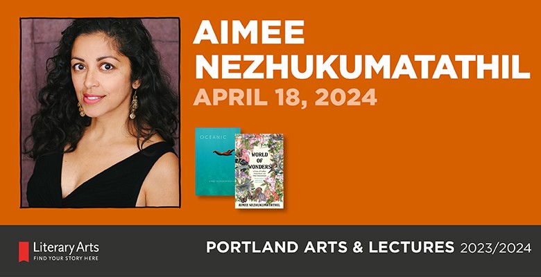 Photo of Aimee Nezhukumatathil with two book cover images + text