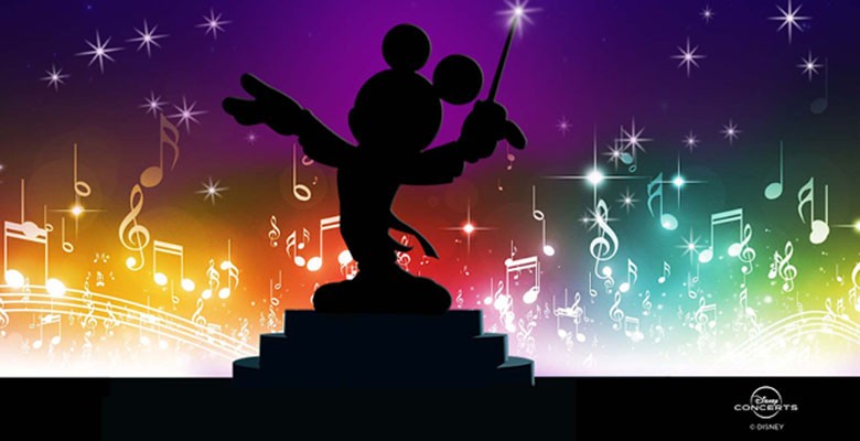 Disney PRIDE in Concert image: silhouette of Mickey Mouse as conductor with colorful background
