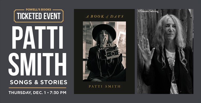 Patti Smith photo with Book of Days cover image and event info in text