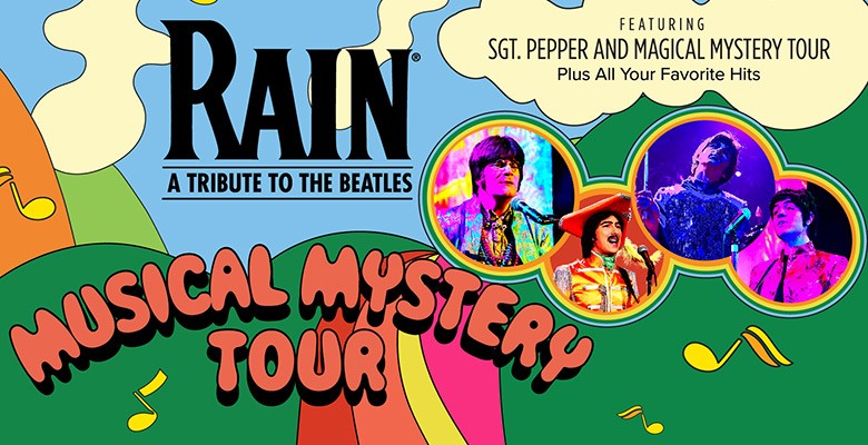 Graphic in the style of The Beatles Yellow Submarine with pictures of the band members and text reading Musical Mystery Tour