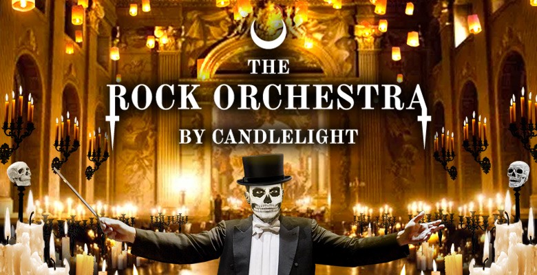 Image of symphony conductor with skeleton mask in candle lit venue + title text