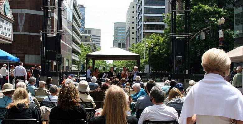 Photo: The crowd at Summer Arts on Main Street enjoying a free Noontime Showcase performance.