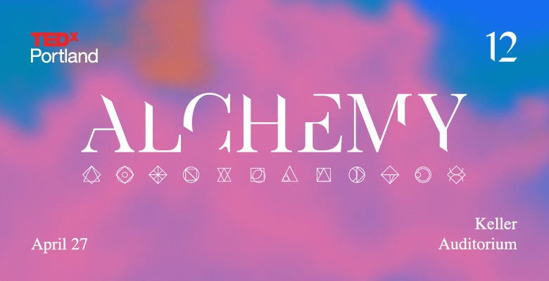TedX12 Alchemy title art image with alchemy symbols below title text on pink background