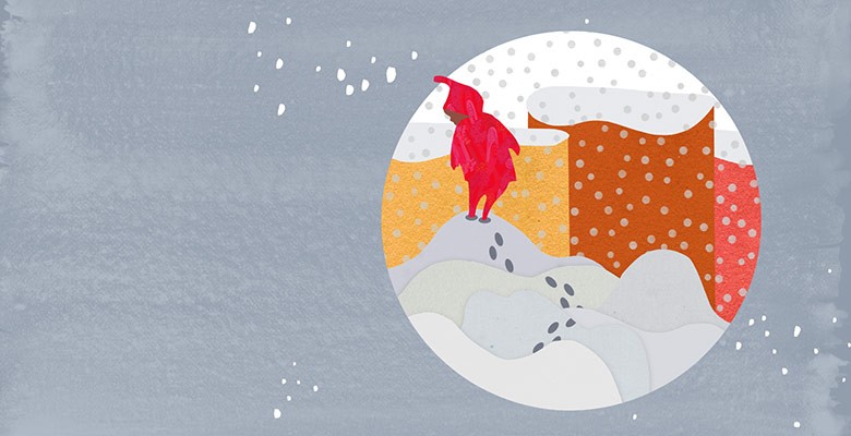 Illustration of child wearing red snow suit walking in snowy scene
