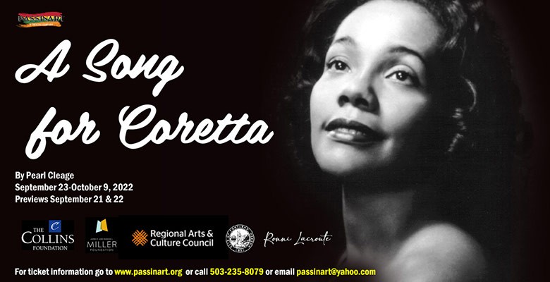 A Song for Coretta image with black and white photo of Coretta Scott King
