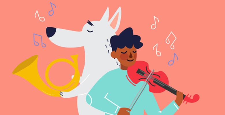 Peter & The Wolf image of wolf holding french horn and child playing violin