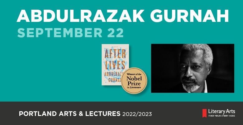 Photo of Abdulrazak Gurnah and book cover image for 'Afterlives' winner of Nobel Prize in Literature