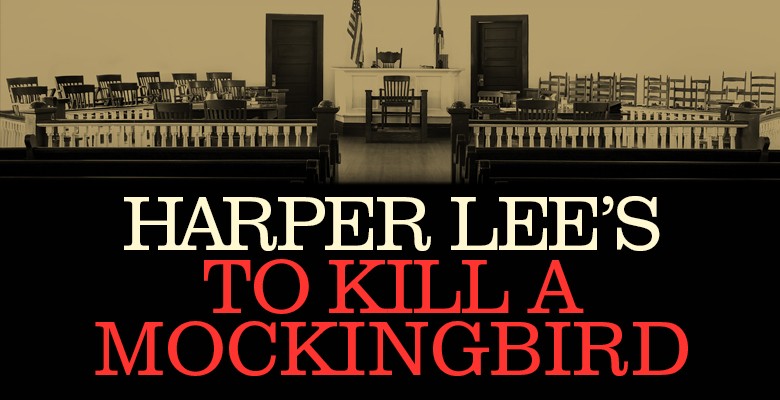 Photo image of court room chairs with text below: Harper Lee's TO KILL A MOCKINGBIRD