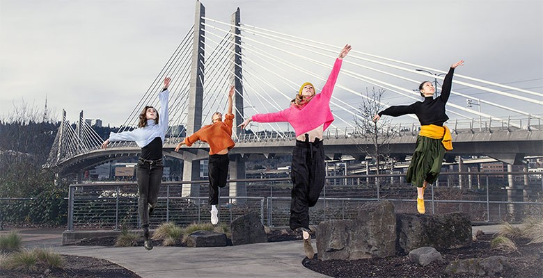 Made in Portland OBT photo of dancers jumping outside in front of Tillicum Crossing bridge. Image by  Jingzi Zhao
