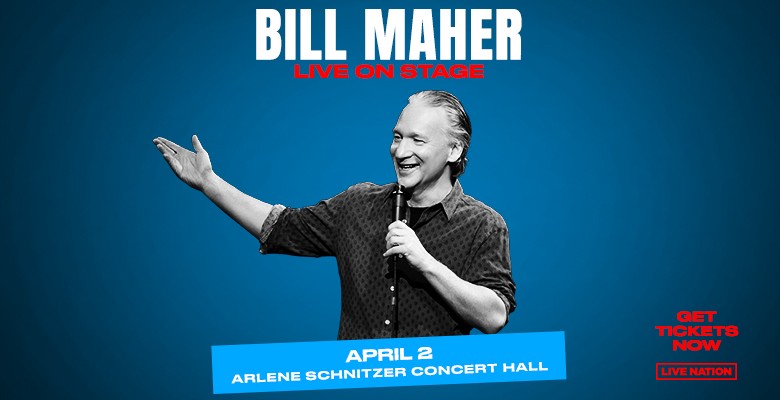 Photo of Bill Maher holding microphone performing with show/tour info in text