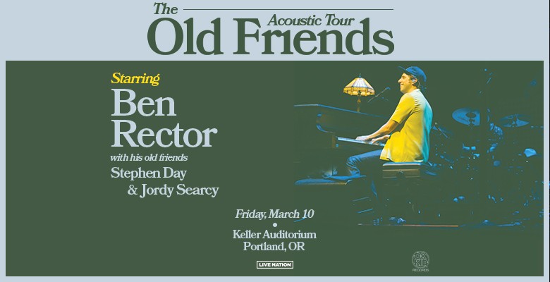 Ben Rector tour image with photo of Ben playing piano on stage + text info