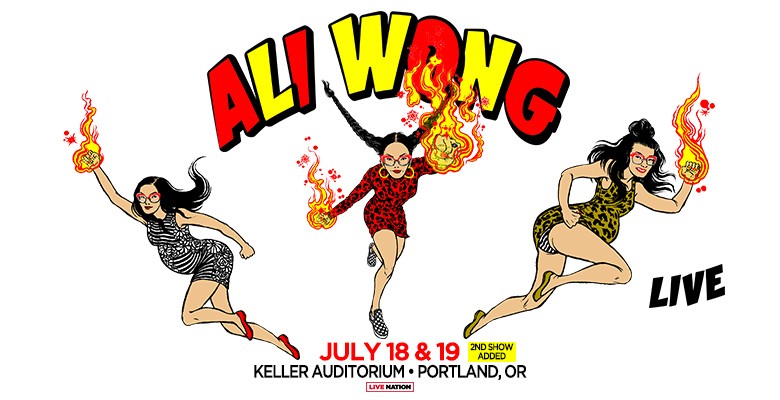 Cartoon illustration of Ali Wong as superhero with stylized text: Ali Wong Live 