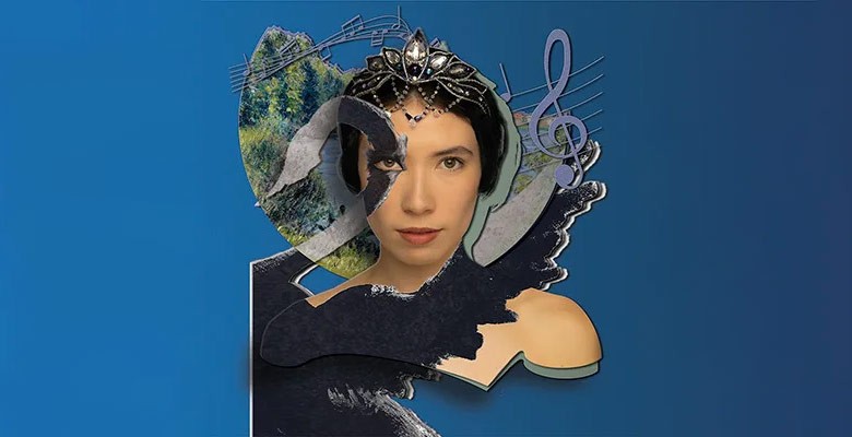 Swan Lake collage image of female with tiara, a black bird wing, musical note