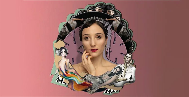 Wooden Dimes collage image of woman with hand touching face and abstract human figures surrounding