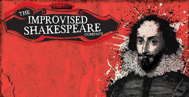The Improvised Shakespeare Company image with illustration of Shakespeare and company logo on red backgorund