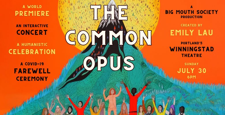 Title art illustration for The Common Opus with a sun behind a mountain top and humans in the foreground plus title text and info text
