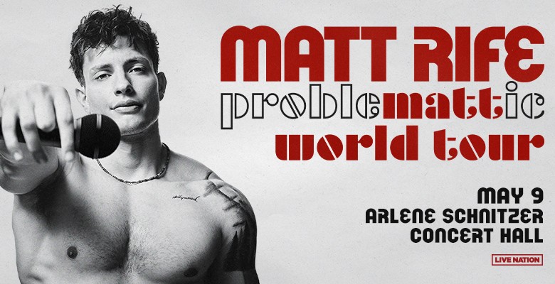 Photo of Matt Rife shirtless holding a microphone + info text