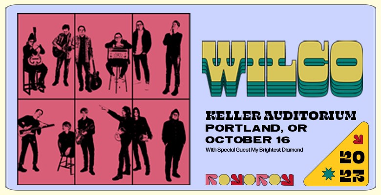 Wilco tour image with muted color panels of photos of the band + stylized text