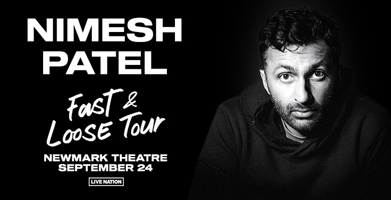 Black & white photo of Nimesh Patel with text