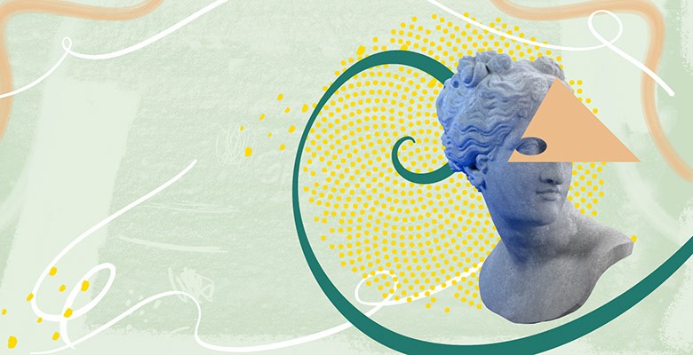 The Marriage of Figaro image: colorful graphics with 3-D bust/statue of woman's head