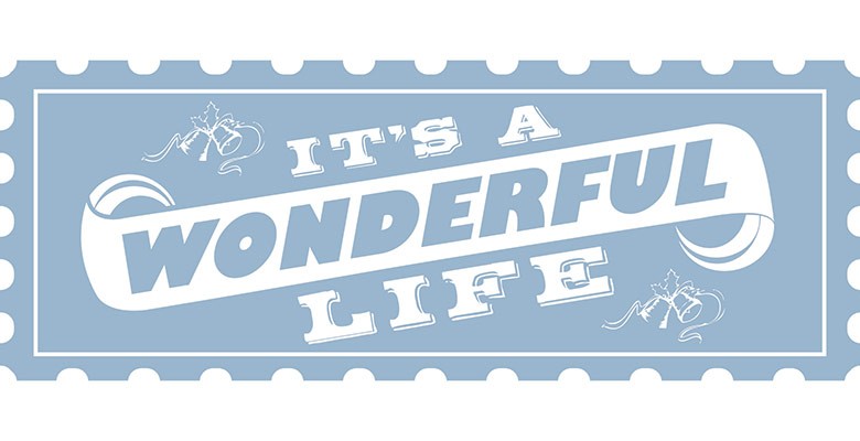 It's a Wonderful Life title art with text on a blue stamp shape background