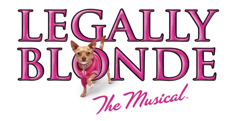 Legally Blonde The Musical title art with a tan chihuahua dog in pink vest going through the "O" in "Blonde"