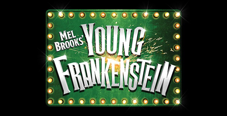 Young Frankenstein title art with sparks on green background with marquee lights as border 