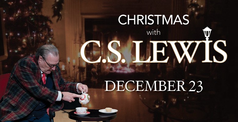 Christmas with C.S. Lewis image of actor David Payne as C.S. Lewis, pouring a cup of tea