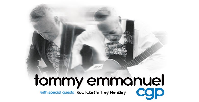 Tommy Emmanuel image: two photos side-by-side of Tommy playing guitar + text info