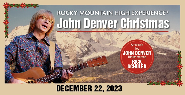 Rocky Mountain High Experience: John Denver Christmas image of Rick Schuler as John Denver playing guitar and singing with mountains in background