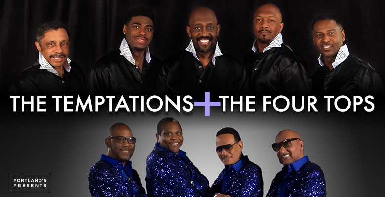 Image: publicity group photos of The Tempations (top) and The Four Tops (bottom)