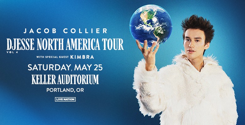 Photo of Jacob Collier on bue background, wearing a white furry coat holding Earth in his hand with text: Jacob Collier DJesse North America Tour with special guest Kimbra Saturday, May 25 Keller Auditorium Portland, OR
