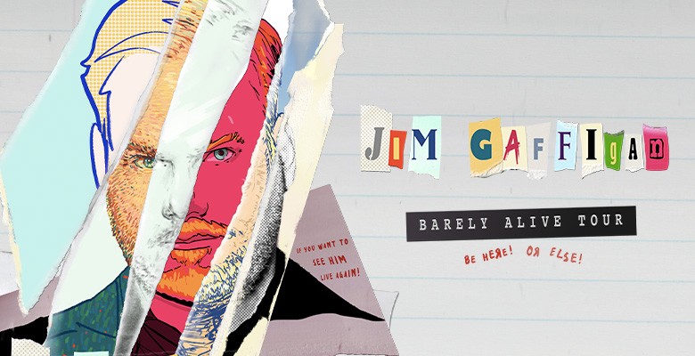 Jim Gaffigan Barely Alive Tour art image with Jim's profile
